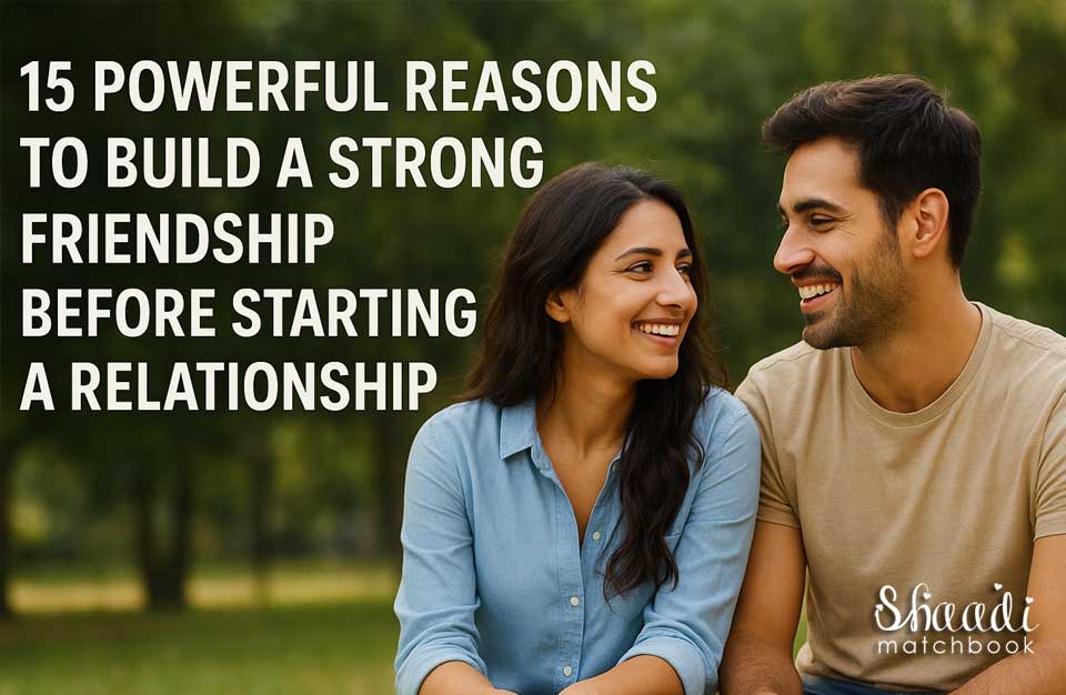 A smiling couple sitting outdoors, looking at each other warmly, representing the importance of building a strong friendship before starting a romantic relationship.
